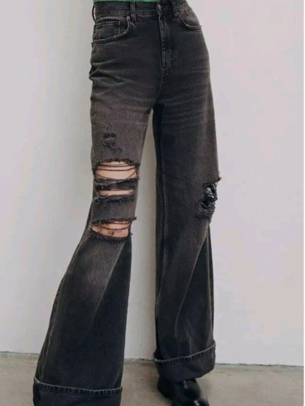 BDG Distressed Wide-Leg Skater Jeans in Washed Black